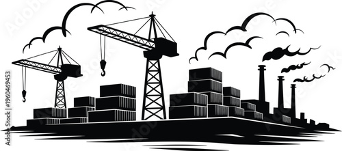 Industrial seaport silhouette with container cranes and factory pipes. Black and white vector illustration