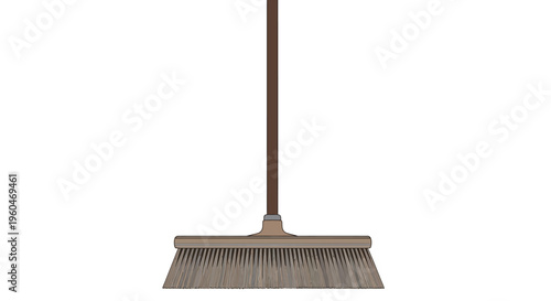 Modern Broom with Brown Handle and Bristles on White Background