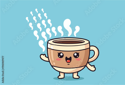 Smiling cartoon coffee cup character cheerfully releasing playful, energetic steam figures, symbolizing a happy morning wake-up and a delightful boost of positive energy