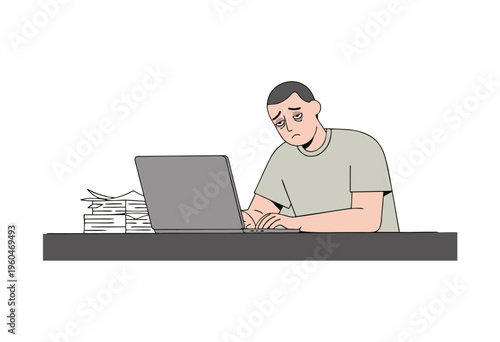 Tired man at desk with laptop and documents, illustrating severe mental fatigue and stress of professional burnout from overwhelming workload