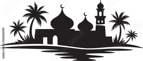 Islamic mosque silhouette with palm trees and moon in a minimal style landscape design