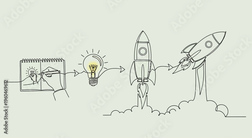 Startup Idea Launch: Drawing, Lightbulb, Rocket Launch, Business Growth Concept
