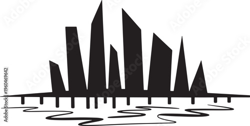 Modern abstract cityscape silhouette with geometric buildings and water reflection on transparent background