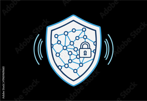 Abstract graphic depicting a digital network secured by a padlock within a shield, symbolizing robust cybersecurity and data protection for online systems and information privacy