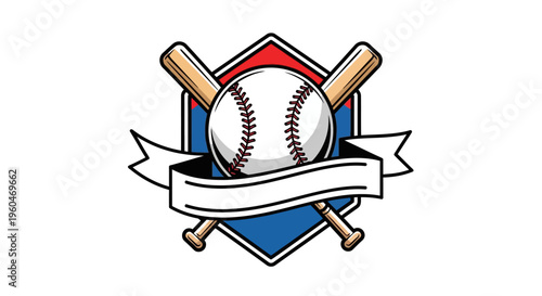 Baseball Emblem with Crossed Bats and Blank Ribbon Banner