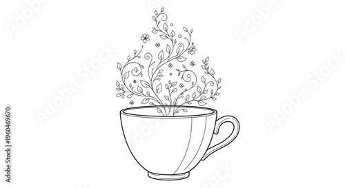 Whimsical floral steam rising from a teacup, delicate botanical illustration