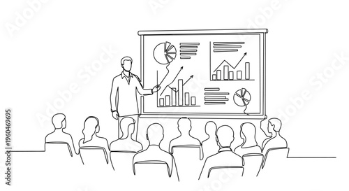 Business presentation with charts and graphs, speaker addressing audience in a meeting