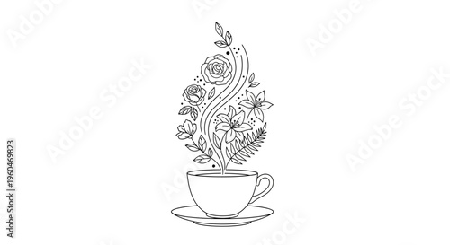 Floral Steam Tea Cup Illustration - Blooming Flowers and Leaves Rising from a Mug