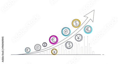 Financial Growth Chart with Currency Symbols and Upward Arrow