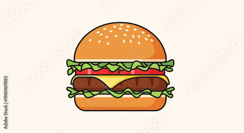 Delicious Burger with Lettuce, Tomato, and Cheese - Flat Design Illustration