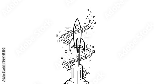 Black and white line art rocket launching with abstract shapes and particles