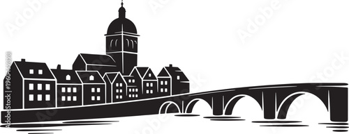 Old European city silhouette with domed building, houses, and arch bridge. Black and white vector