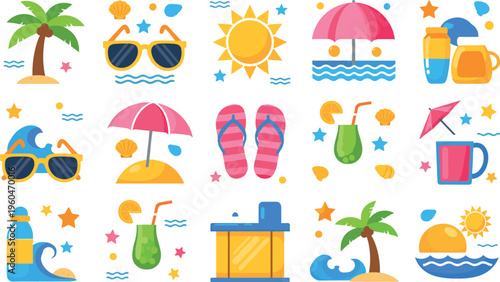 Summer beach collection with sunglasses umbrella flip flops tropical drinks sun vacation elements vector illustration set isolated on white background