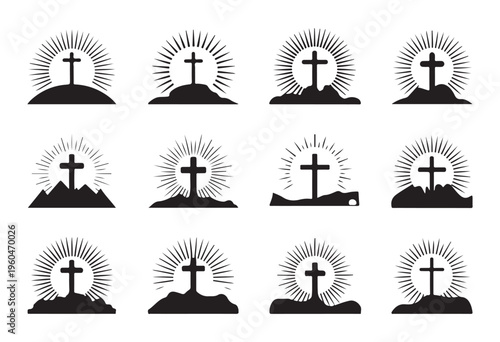 Religious cross silhouette icons on mountains with diverse sunburst ray patterns for christianity theme art