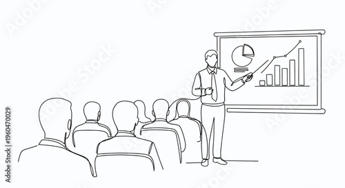 Business presentation: speaker explaining charts on whiteboard to audience in meeting room