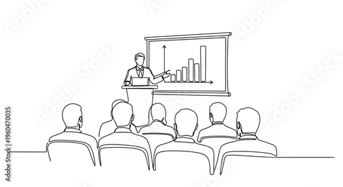 Business Presentation: Speaker at Podium with Bar Chart and Audience in Meeting Room