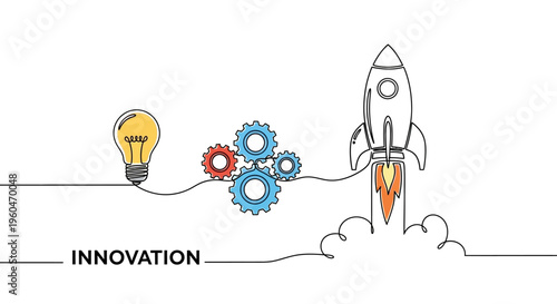 Startup concept: Lightbulb idea connects to gears and launching rocket symbolizing innovation
