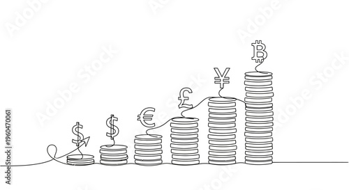 Rising Stacked Coins with Global Currency Symbols and Bitcoin: Financial Growth Concept