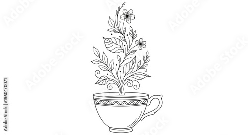 Hand-drawn illustration of a teacup with blooming flowers and leaves emerging from it.