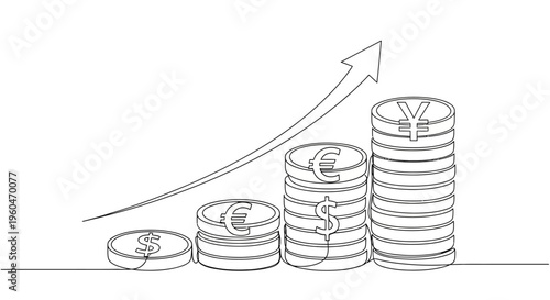 Increasing stacks of coins with currency symbols and upward arrow graph