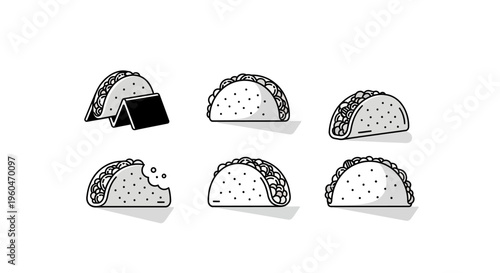 Taco Icon Set: Variety of Mexican Food Illustrations on White Background