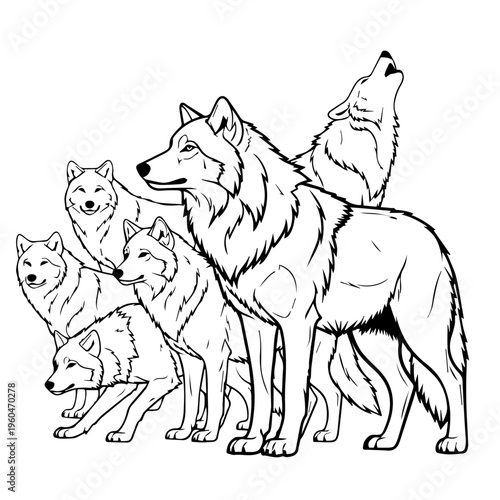 Group of wolves standing together in a line, illustrated in black and white.