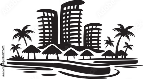 Tropical resort island silhouette with palm trees thatched roof huts and modern hotel complex
