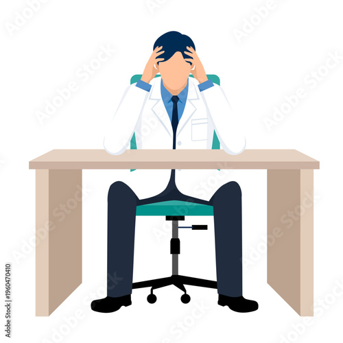 悩む男性医師のフラットイラスト、机に座って頭を抱える医師の医療課題イメージ素材