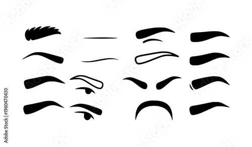 Modern eyebrow icons with thick thin arched and angled brow shapes bold vector beauty symbols set