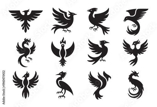 Set of stylized black phoenix icons representing myth and rebirth symbol on white background
