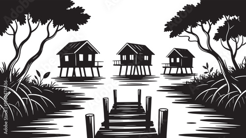 Tropical stilt houses on calm river, surrounded by trees and a pier extending into water