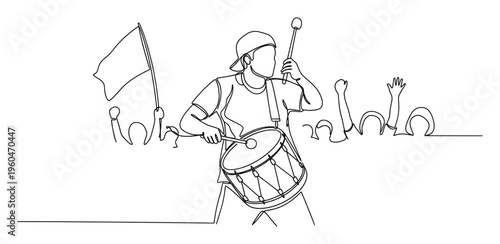 Continuous line artwork depicting a dynamic crowd with a drummer and flag bearer, ideal for conveying passion and collective spirit in various promotional materials and event branding.