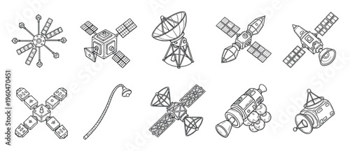 Diverse collection of detailed line drawings showcasing various space satellites orbital probes and telecommunication dishes ideal for scientific education and technology themed content