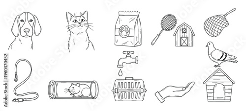 A versatile compilation of minimalist line art icons showcasing beloved domestic animals and their essential care products, suitable for pet store promotions, animal welfare initiatives,