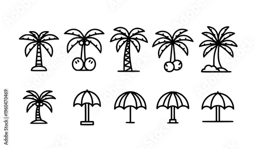 Modern palm tree icons with tropical coconut palms bold vector symbols for beach travel and island design