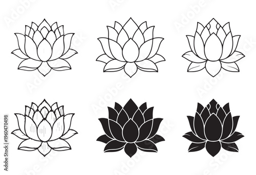 Collection of lotus flower outlines and solid shapes on white background