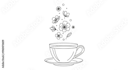 Delicate floral steam rising from a teacup, elegant line art illustration