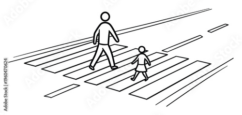 Simple stick figures representing an adult and a child walking safely across a zebra crosswalk on a road, ideal for educational materials and road safety campaigns.