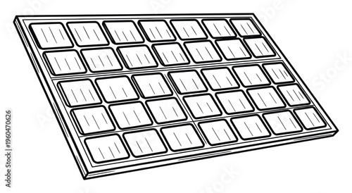 Black and white outline drawing of a solar panel with multiple square cells representing clean renewable energy technology for sustainable power generation projects and environmental