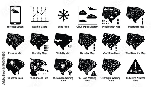 Comprehensive weather forecasting and severe meteorological phenomena map symbols for mobile application interfaces and geographic information system displays.