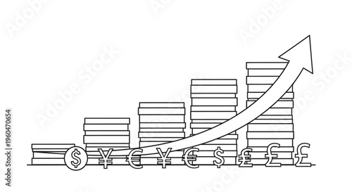 Currency Growth Chart: Stacks of Coins and Upward Arrow Symbolizing Financial Success