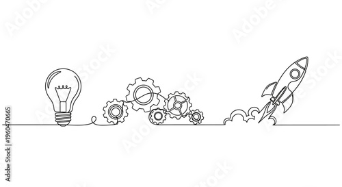 Startup idea launch: lightbulb, gears, and rocket ship in continuous line art