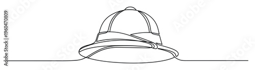 Continuous line drawing of a classic pith helmet, also known as a safari hat or sun helmet, representing adventure, exploration, and travel for various graphic projects