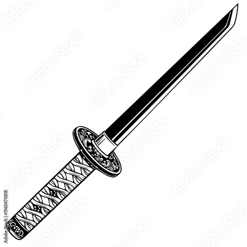 Elegant black and white illustration of a traditional samurai sword with ornate hilt.