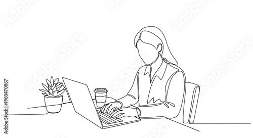 Woman typing on laptop, minimalist line art, focused work, modern office desk setup
