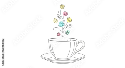 Creative Coffee Cup with Blooming Flowers and Leaves Illustration