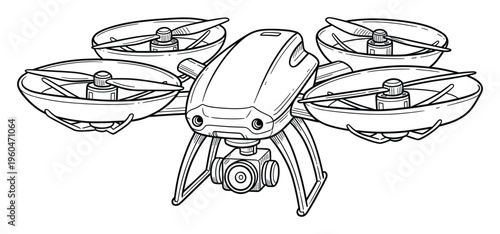 Black and white line drawing of a modern quadcopter drone with a camera and propeller guards, perfect for technology concepts and aerial surveillance themes.