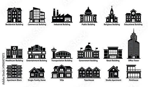 Comprehensive collection of diverse building type silhouette icons representing various architectural structures and urban environments for use in architectural projects infographics and