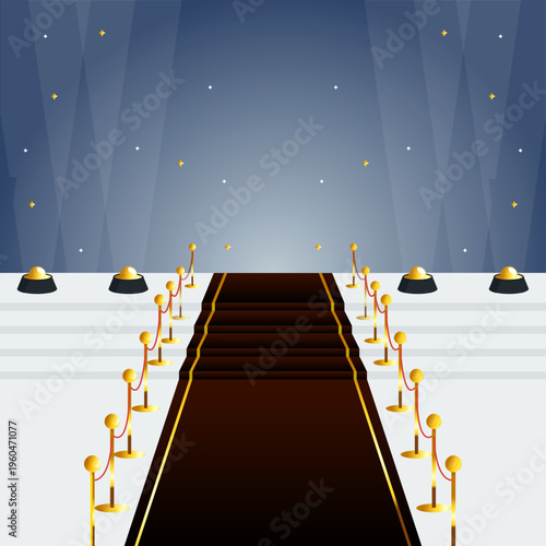 Luxury red carpet staircase with golden stanchions, velvet ropes, and spotlighted stage setting, elegant VIP event entrance background in polished vector style