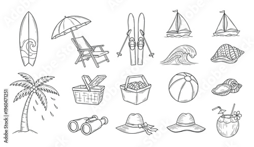 Vacation and holiday themed doodles featuring travel accessories, beach items, and winter sports equipment perfect for travel agency brochures or summer and winter seasonal promotions